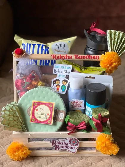A straight-on shot of the Rakhi crate, giving a clear view of the "Thanks for always being by my side" sticker.