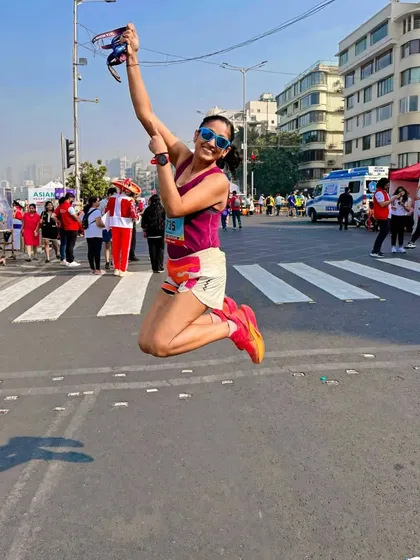 Soaring across the finish line at the Tata Mumbai Marathon. A 3-hour, 20-minute full marathon and a second-place podium finish. We train to be resilient and unshaken by any storm.