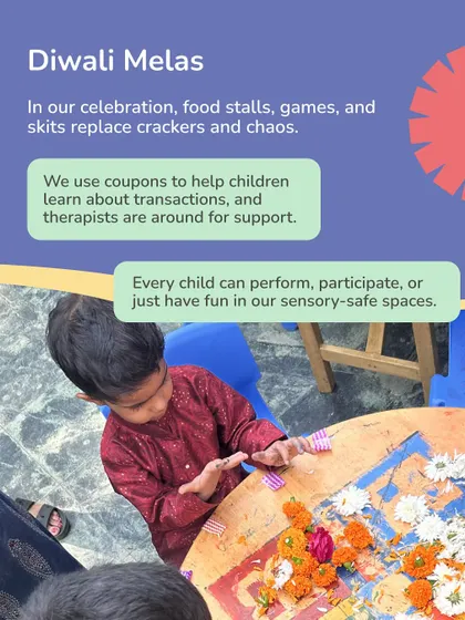 Our Diwali Melas are a perfect example of inclusive celebrations. We replace crackers and chaos with food stalls, games, and skits. Therapists are always around for support, ensuring every child can participate and have fun in our sensory-safe spaces.