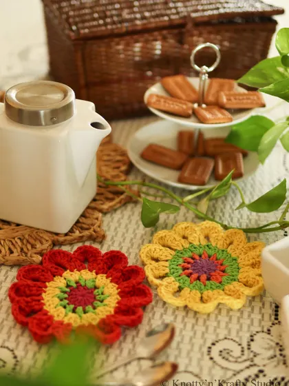 A close-up of the colourful floral coasters, ready to brighten your morning.