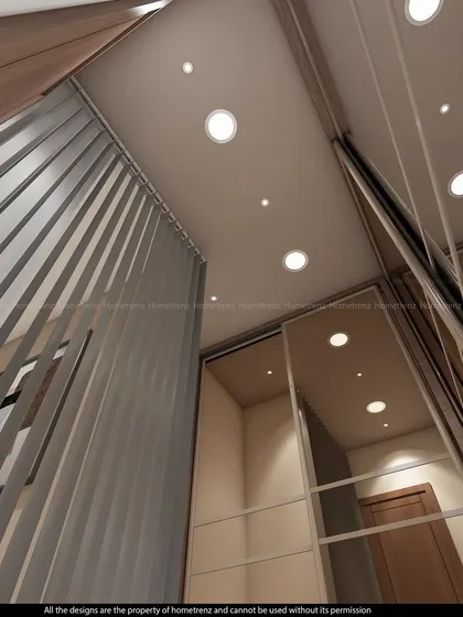 This image shows a passage with a slatted wood partition and a mirrored wardrobe, a clever way to add texture and light to a narrow space.