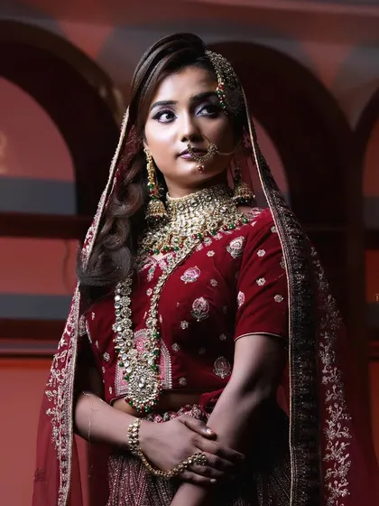 This image captures the complete royal bride ensemble. The passa, nath, and heavy choker are key elements of this North Indian bridal style, and the makeup is designed to complement their grandeur without being overpowering.