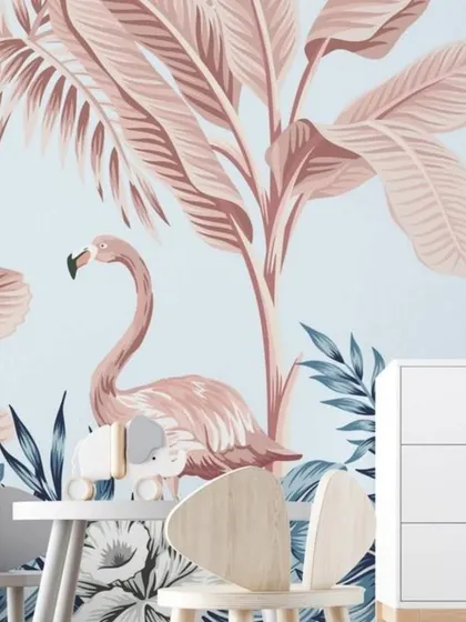 A charming wallpaper for a child's room or nursery, featuring pink flamingos against a soft blue sky.