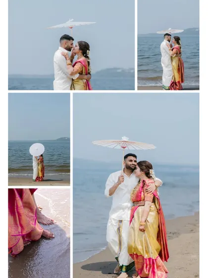 A collage of a South Indian couple's beach portraits, featuring romantic poses with a white umbrella against the sea and sand.