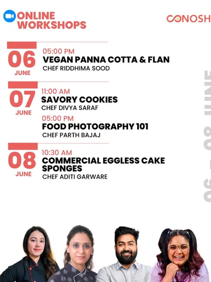 Another June schedule that combined baking with business skills, featuring workshops on vegan panna cotta, savory cookies, and food photography 101.
