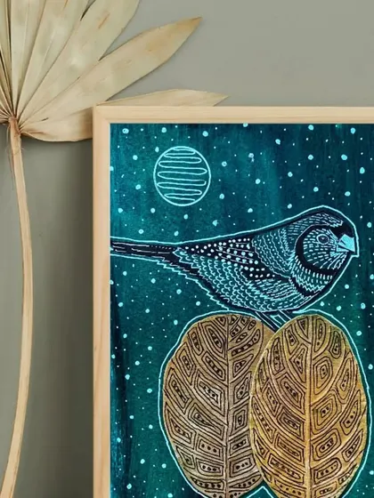 From the "VIBING with NATURE" exhibition, this series by Puja Kumari uses preserved dried leaves as a central element. Her unique style combines delicate ink drawings of birds with the natural texture of the leaves, creating beautiful, eco-friendly art.