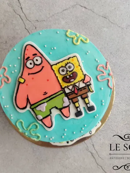 A fun SpongeBob and Patrick cake for a fan's birthday. This half-kg Chocolate Whiskey cake features hand-painted 2D fondant figures of the best friends from Bikini Bottom.