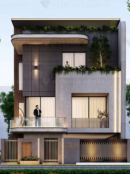 A direct frontal view of the Noida residence, emphasizing its clean, contemporary lines and the integration of a small green space on the balcony.