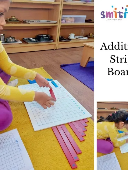 A child uses the Addition Strip Board, a material that visually represents addition problems and helps her discover the answers independently.