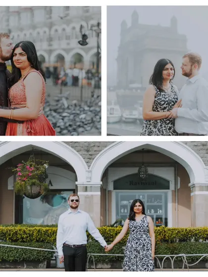 A collection of pre-wedding photos from a shoot in South Mumbai, showing the couple in both traditional Indian and contemporary outfits.