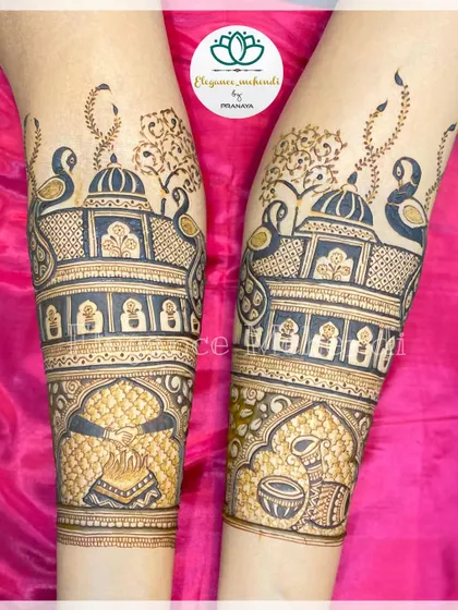 An elegant bridal startup design with peacocks, trees, and architectural elements, inspired by the great Vibha Gala.