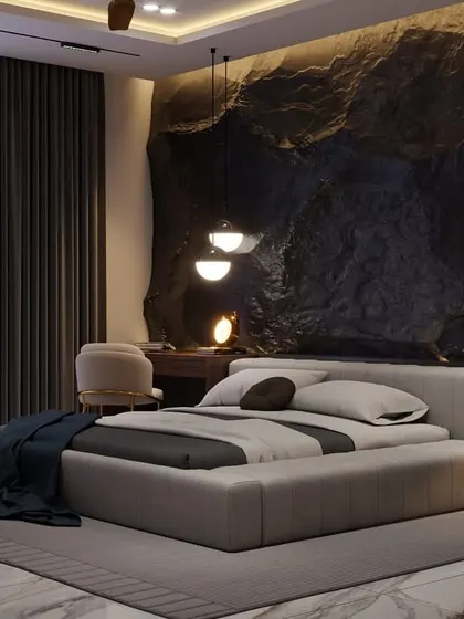 A final view of the dark bedroom concept, showcasing the interplay of light and texture. The design is perfect for anyone looking to create a bold and personal statement in their private space.