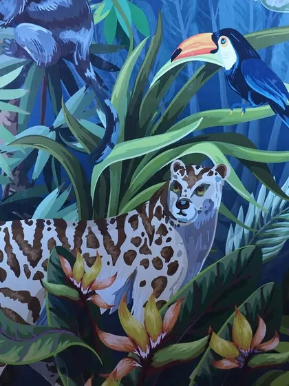 A close-up of the custom-designed jungle wallpaper, showing the incredible detail of the artwork featuring a snow leopard, a toucan, and a zebra. This highlights my commitment to creating unique, high-quality design elements.