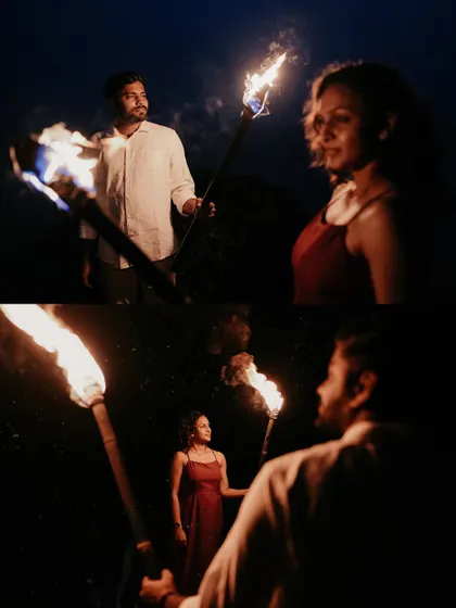A two-panel collage from a night shoot with torches. This layout shows different angles and moments, telling a more complete story of the couple's interaction during their dramatic pre-wedding session.