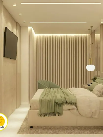 A serene bedroom with a sage green and beige color palette. The design includes fluted wall panels and large mirrors behind the nightstands.