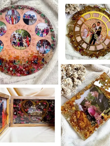 A collage showing the variety of keepsakes I can create, from multi-photo frames to clocks and blocks.