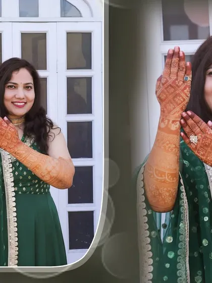 A woman happily displays her mehndi-adorned hands in this album-style photo layout.