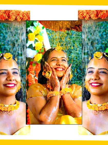 A collage capturing the pure joy of the bride during the Haldi ritual, as she is showered with turmeric water.