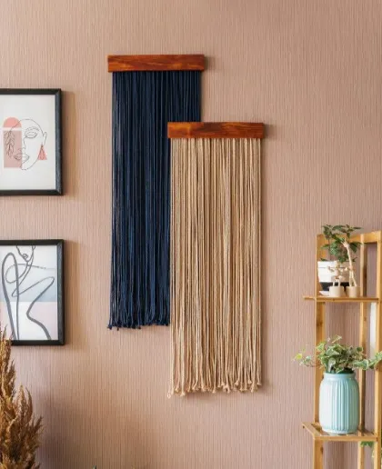 Discover the power of customization with this striking combination of navy blue and neutral beige. This image showcases how our minimalist macrame art can be tailored to fit a modern aesthetic, providing a chic and contemporary update to your home decor.