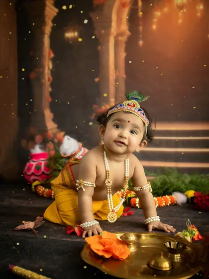 This crawling pose is perfect for a little Krishna on the move. The setup is rich with details, from the flowers to the 'diya'.