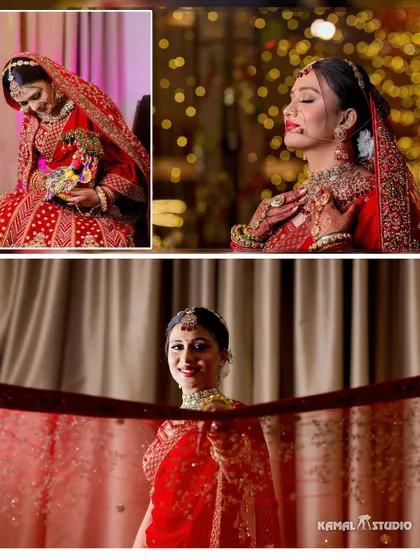 A collage of the bride's portraits, capturing her holding a small Ganesha idol and her serene expressions.