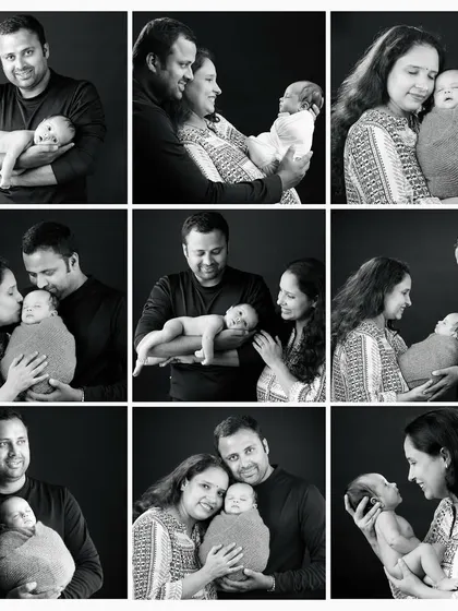 A collage of black and white family photos from a newborn session. It showcases the variety of poses and loving interactions we can capture with parents.