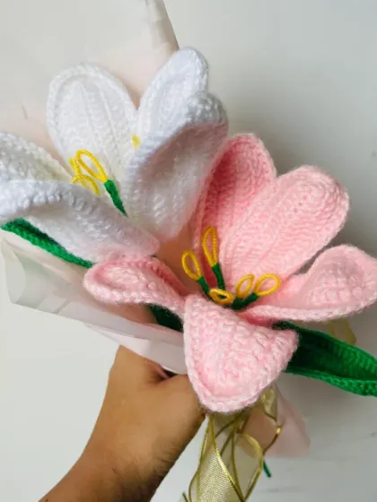 A delicate bouquet of everlasting lilies. I made these in soft pink and white, and they are a beautiful gift for an anniversary, wedding, or just because.