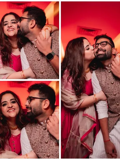 A collage of sweet and affectionate moments from the Mata ki Chowki. The warm red lighting adds to the romantic and intimate feel of these candid couple portraits.