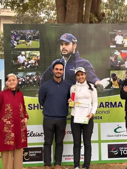 Congratulations to Mahreen Bhatia, seen here receiving her winner's trophy at the Shubhankar Sharma All India Junior Invitational Series. Her victory earned her a spot in the Junior Dubai Desert Classic.