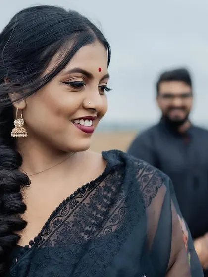 A pre-wedding photoshoot look. I created a romantic and slightly dramatic look with a bold lip and smokey eye that would pop against the outdoor landscape.