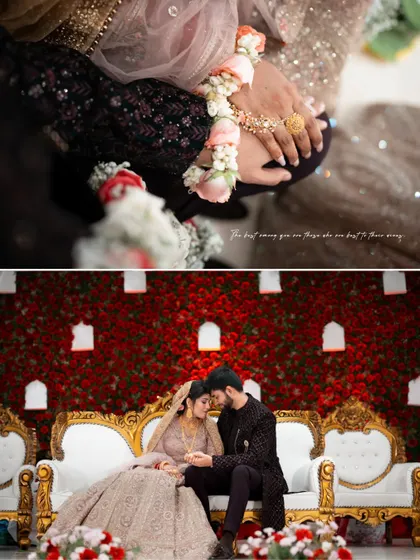 A collage capturing an intimate moment and the intricate detail of the bride's hand adornments.