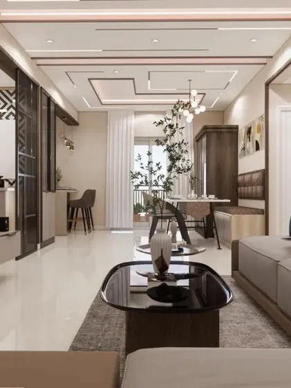 This 3D render shows a full view of a modern living space, where the TV unit, seating area, and dining space are designed to flow seamlessly. The use of varied textures and a cohesive color palette creates a harmonious environment.
