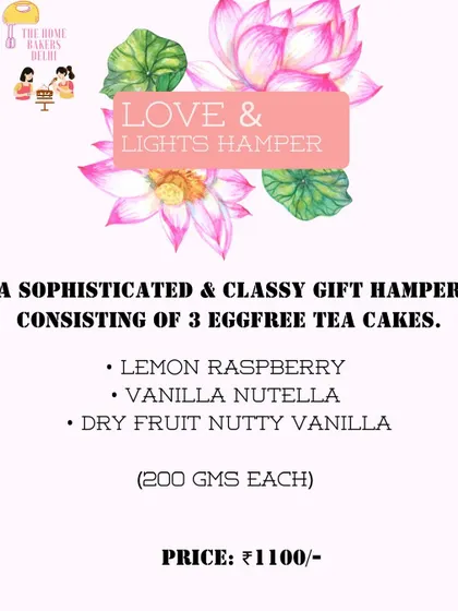 Our 'Love & Lights' Diwali hamper menu. A simple yet elegant option consisting of three different 200g eggless tea cakes: Lemon Raspberry, Vanilla Nutella, and Dry Fruit Nutty Vanilla.