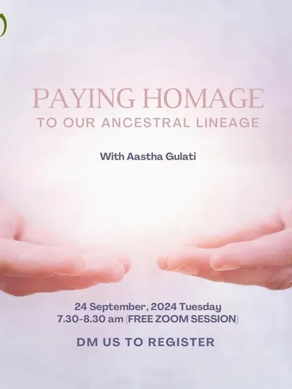Pitru Paksha is a time to pay homage to our ancestral lineage, honoring the blessings and releasing the burdens. This poster invites you to a free group healing and recitation session to align with your legacy and open up to the resources meant for you.