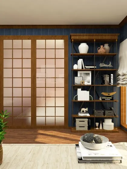 This view shows the other side of the entertainment room, featuring Japanese-style sliding doors and a large bookshelf for storage and display. The warm lighting and natural wood floors add to the cozy atmosphere.