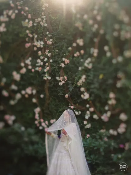 An artistic shot of the bride under her veil, with the sun creating a beautiful flare against a wall of flowers.