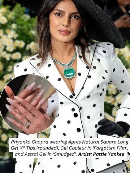 Priyanka Chopra's rounded Gel-X tips at the Met Gala. This look shows how extensions can be used to create a natural yet flawless nail shape.