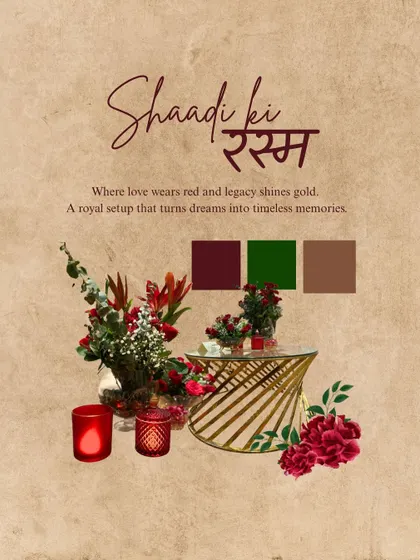 From mood board to reality. This graphic shows the color palette and design concept for a royal "Shaadi ki Rasam," turning dreams into timeless memories.