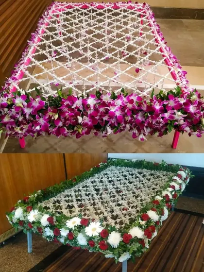 Two more real flower canopy designs. One features purple orchids for an exotic look, while the other uses a classic combination of red and white flowers.