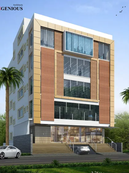 An alternative 3D proposal for a commercial space, exploring a different facade treatment with vertical wooden louvers and varied window placements.
