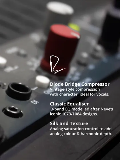 A close-up of the Rupert Neve Designs Shelford Channel, detailing its vintage-style compression and classic 3-band EQ. This is the gear that gives tracks character.