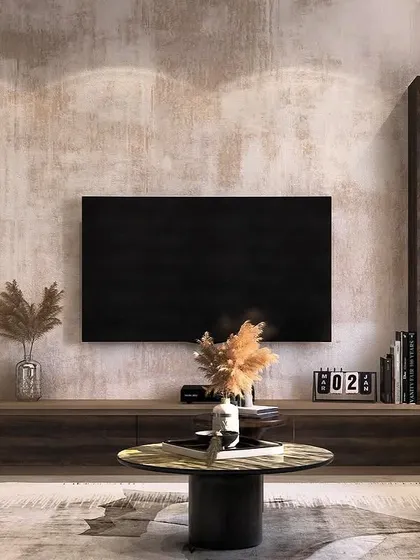 This modern TV unit setup features a textured accent wall and integrated shelving with soft lighting. The dark wood finish on the console and door adds warmth and a touch of understated elegance.