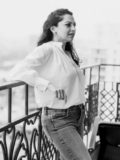 A classic black and white portrait of me, taken on a balcony. I love the moodiness of monochrome and how it focuses on expression and form.