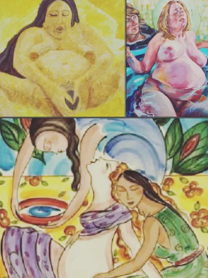 Birth is a powerful, primal, and beautiful process, as depicted in these artworks. It takes time, trust, and teamwork between you, your baby, and your support system.