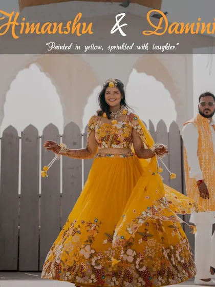 A collection of images from a beautiful Haldi ceremony. The couple's bright yellow outfits shine against the white architectural backdrop, capturing the joy and tradition of this pre-wedding ritual.