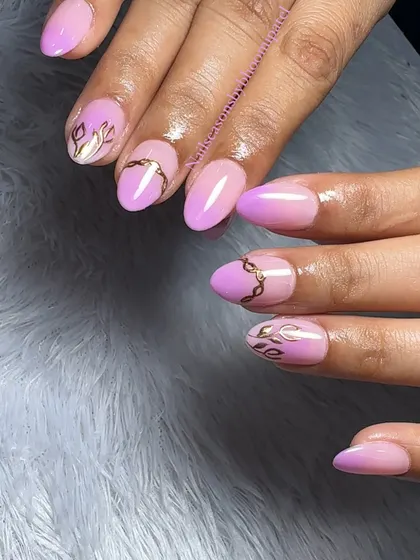 A beautiful lilac ombre with delicate, hand-painted gold floral and chain details.
