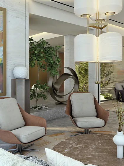 Another view of the Indiabulls Sky Forest living room, showcasing its open layout and connection to an indoor garden. The design prioritizes openness and light, creating a sense of calm rarely found in high-density towers.