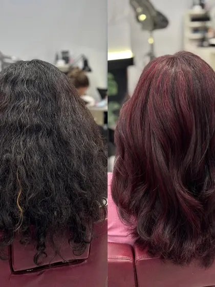 A back view of the global red transformation, showing the full coverage and vibrancy.