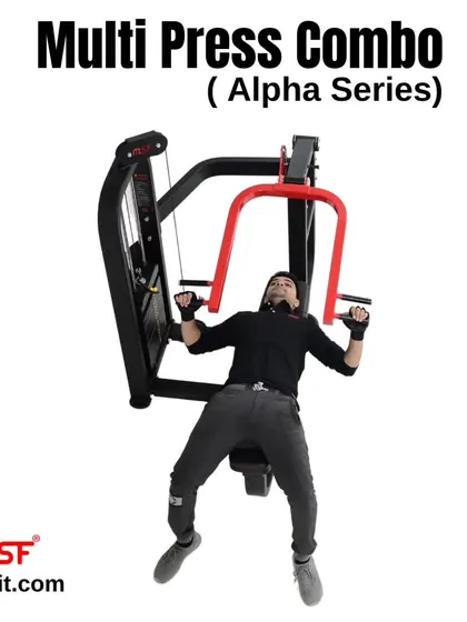 A user at the top of the chest press movement on the Alpha Series machine.