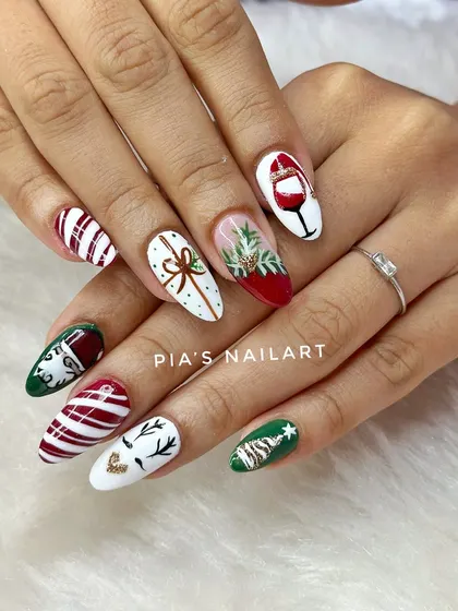 We wish you a merry Christmas with this detailed, hand-painted set featuring reindeer, presents, wine, and candy cane stripes.